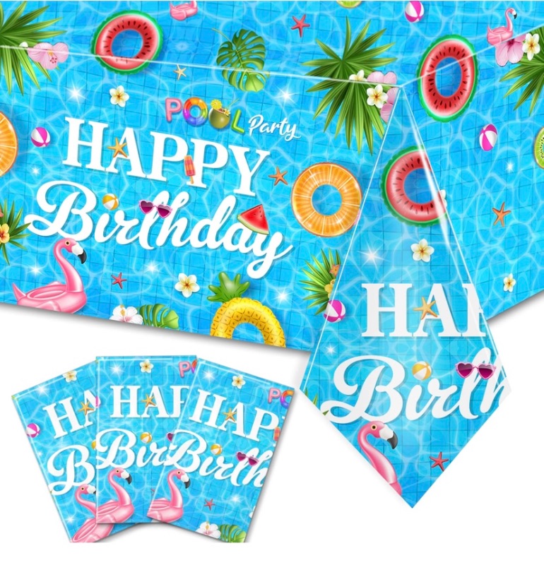 Photo 1 of 3Pieces Pool Party Tablecloth - Summer Swimming Table Decoration Disposable Pool Birthday Table Cover for Hawaii Birthday Baby Shower Party Supplies