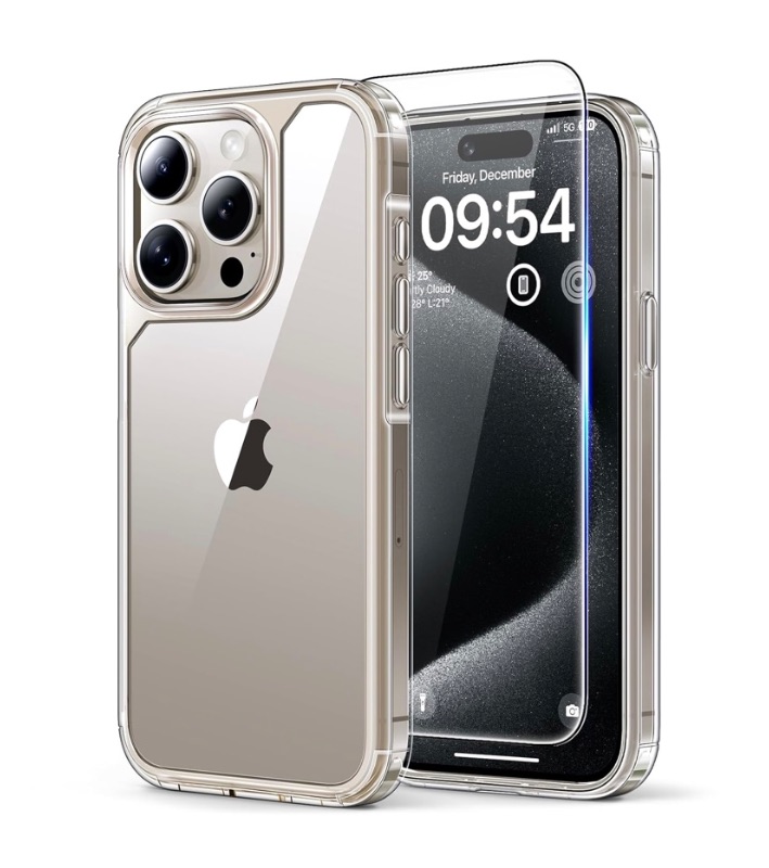 Photo 1 of TAURI 3 in 1 for iPhone 15 Pro Case Clear, [Yellowing Resistant] with 2X Screen Protector, [Military-Grade Protection] Slim Shockproof Phone Case for iPhone 15 Pro 6.1 inch