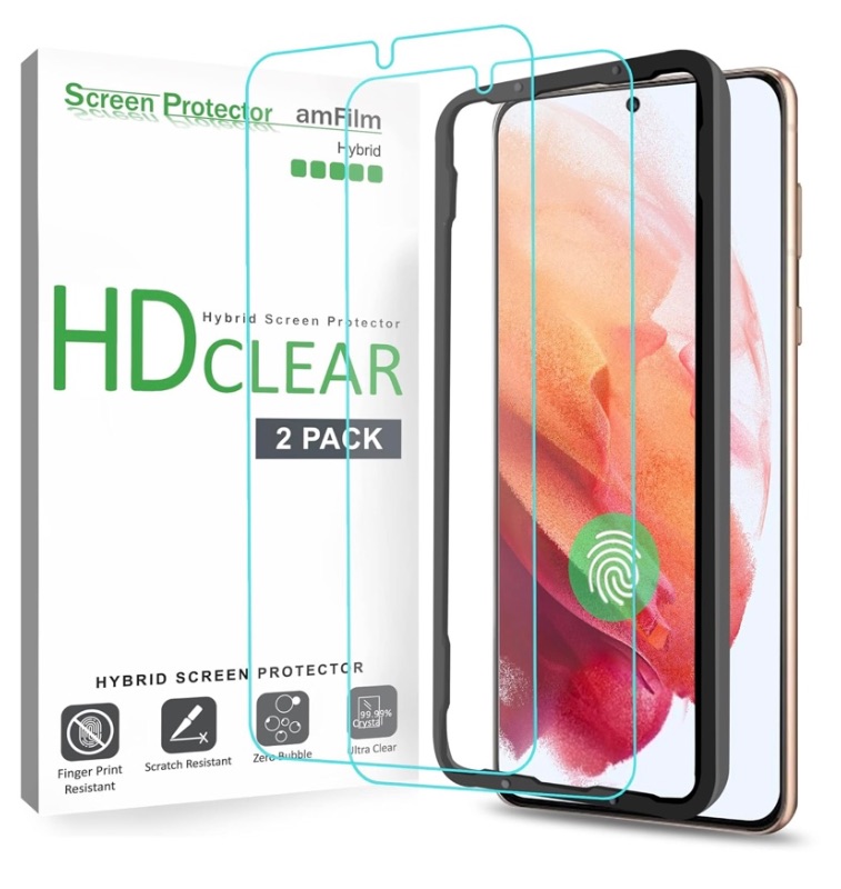 Photo 1 of amFilm Screen Protector for Samsung Galaxy S21 5G 6.2 inch (2021), Fingerprint ID Compatible, HD Clear, Scratch Resistant Hybrid, with Easy Installation Tray, Polyethylene Terephthalate, 2 Pack