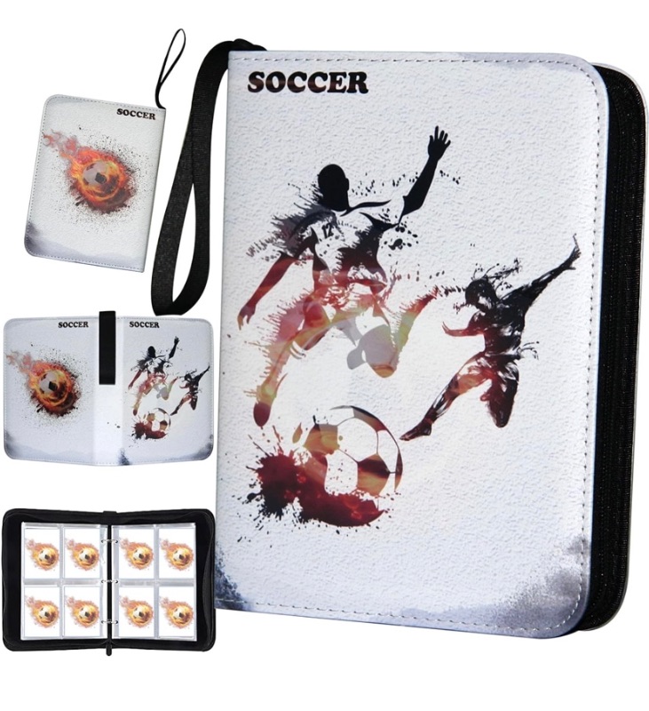 Photo 1 of Soccer Card Binder, World Cup Card Binder 4 Pocket with 50 Removable Sleeves Fits 400 Sport Cards, 3 Ring Card Holder Binder with Zipper, Collector Storage Album