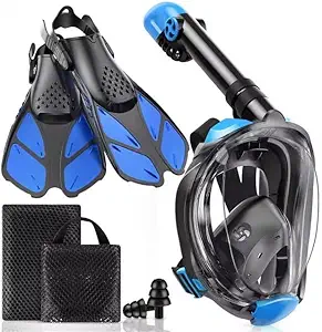 Photo 1 of Mask Fins Snorkeling Gear for Adults, Full Face Snorkel Mask & Adjustable Swim Fins Snorkel Set, Panoramic View Snorkel Mask Dry Top Anti-Fog Anti-Leak
