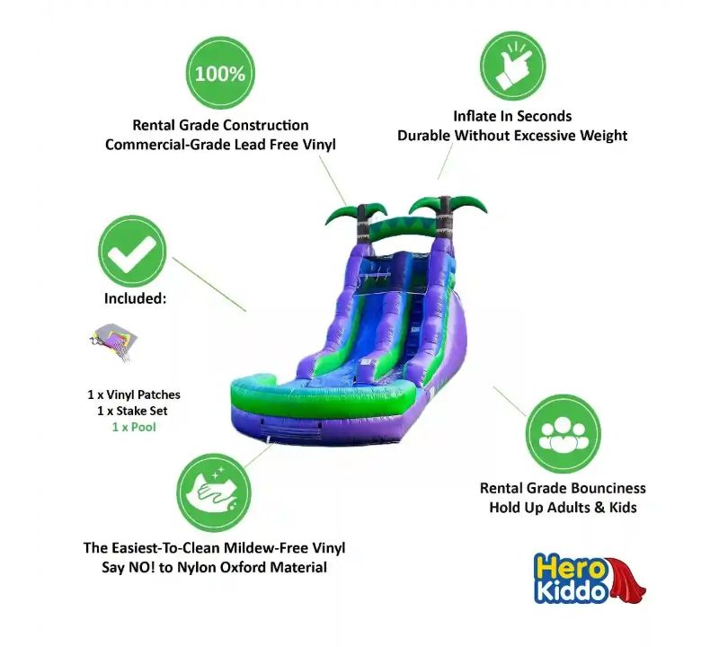 Photo 1 of HeroKiddo 16 Purple Tropical Inflatable Water Slide with Attached Pool (No Blower Included), Commercial Grade, Wet Dry Use - Open Miscellaneous
