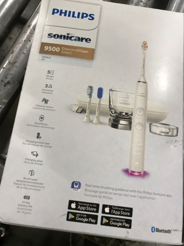 Photo 1 of Philips Sonicare DiamondClean Smart 9500 Electric Toothbrush, Sonic Toothbrush with App, Pressure Sensor, Brush Head Detection, 5 Brushing Modes and 3 Intensity Levels, White, Model HX9923/01