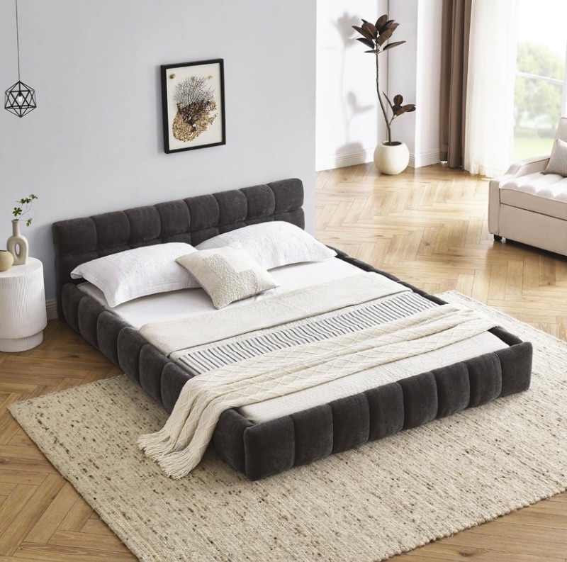 Photo 1 of DEINPPA Queen Size Cloud Bed, Chenille Upholstered Platform Bed with Cloud Soft Headboard, Grounded Upholstered Wood Base Bed Frame, Italian Style Modern Beds-Dark Grey
