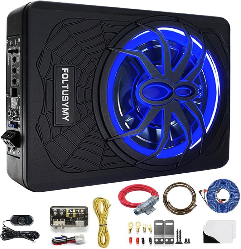 Photo 1 of 1200W 10" Slim Under Seat Powered Car Subwoofer, High/Low Level Input, Car/Truck Audio Sub Built-in Amplifier amp Combo Package, with Blue LED Light
