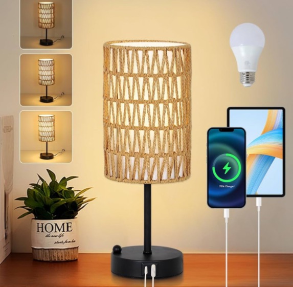 Photo 1 of Touch Table Lamp For Bedroom with Bulb, Boho Small Desk Lamp For Living Room With Rattan & Linen Shade, 3 Way Dimmable Bedside Table Lamp For Nightstand With USB Charging Port & Phone Stand For Office