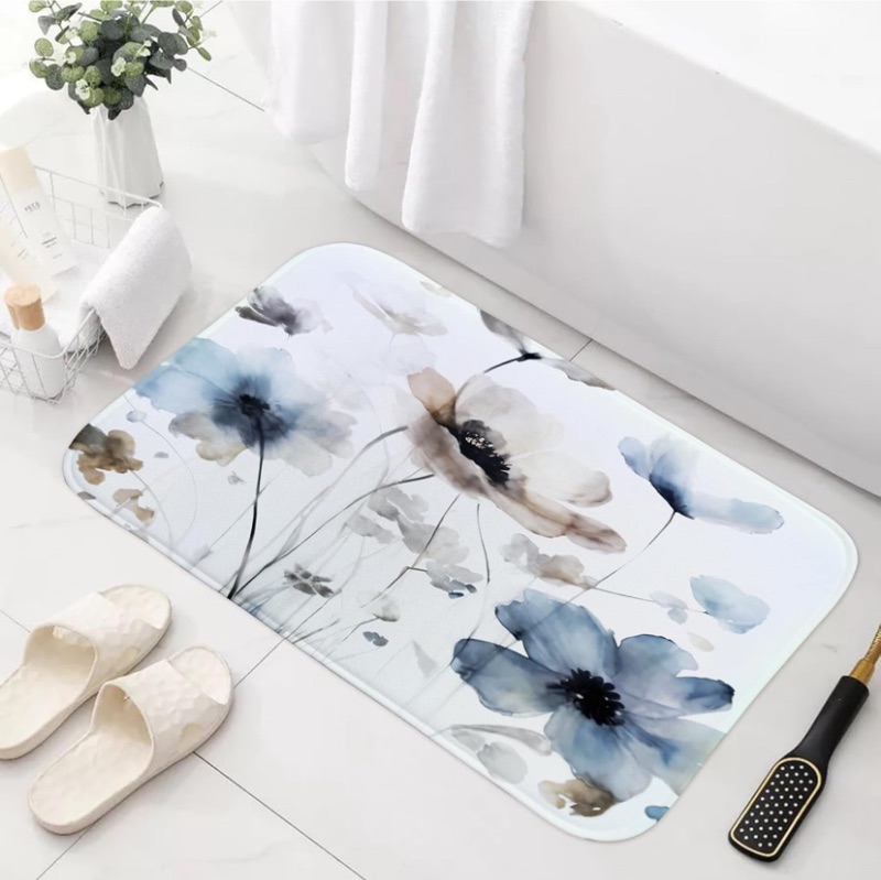 Photo 1 of Boho Floral Bath Mat Rug for Bathroom, Cream Tan Beige Blue Grey White Watercolor Flower Bathroom Floor Rugs Mats Non Slip Kitchen Indoor Decor Decoration Accessories 17X29 Inches