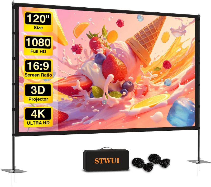 Photo 1 of Outdoor-Projector-Screen-with-Stand - 120 inch Portable Projector Screen Indoor Outdoor Projector Screens 16:9 4K HD Lightweight Movie Screen with Carry Bag for Backyard Movie Night
