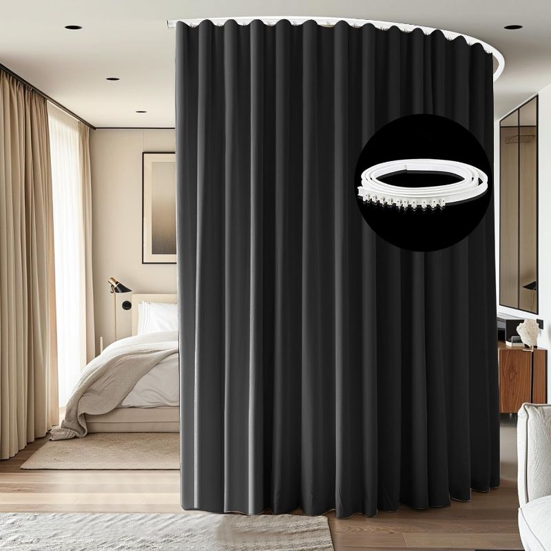 Photo 1 of Room Divider Curtains Ceiling Mounted Track Sets Extra Wide Blackout Curtain Flexible Tracks for Bedroom Privacy Partition Separator, 1 Panel Black Drape and White Rail, W8.3 x H7ft
