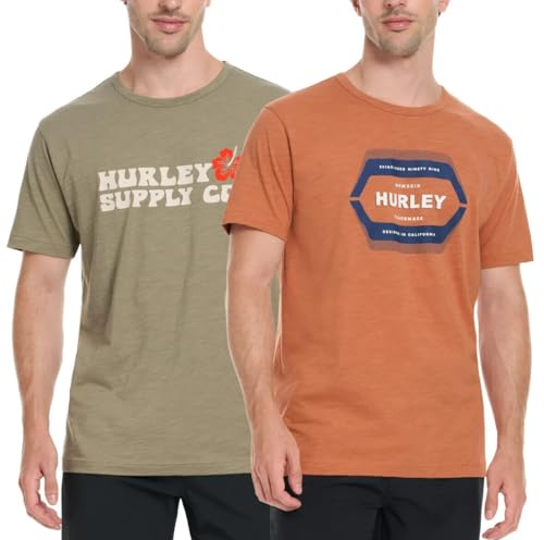 Photo 1 of Hurley Men's 2 Pack Short Sleeve Graphic Tee Shirts (US, Alpha, Large, Regular, Regular, Orange/Green)