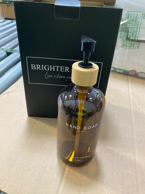 Photo 1 of Amber Glass Soap Dispenser with Tray by Brighter Barns, Amber 