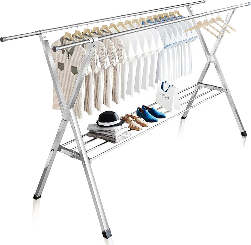 Photo 1 of JAUREE Clothes Drying Rack 2 Tiers, Heavy Duty Drying Rack Clothing Folding Indoor Outdoor, Stainless Steel Laundry Drying Rack, Foldable Garment Rack with 20 Windproof Hooks (84 Inches)
