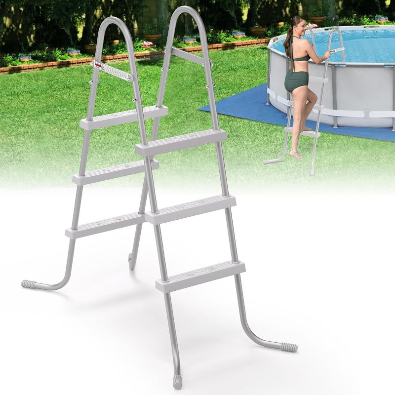 Photo 1 of 42" 3-Step Steel Frame Above Ground Swimming Pool Ladder,Heavy Duty Double Sided Removable Pool Steps,Pool Ladder Steps with Non-Slip Plastic Steps for Entry and Exit
