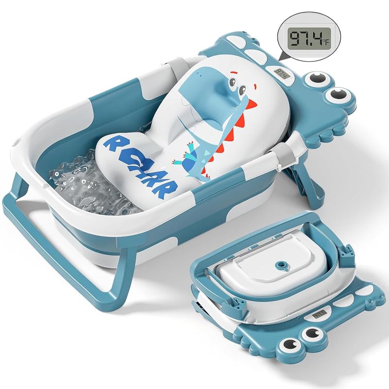 Photo 1 of Collapsible Baby Bathtub for Newborn, Foldable Baby Bath Tub with Thermometer & Soft Floating Cushion & Drain Hole, Portable Travel Infant Bath Tubs for Newborns to Toddler 0-36 Months Girl, Blue
