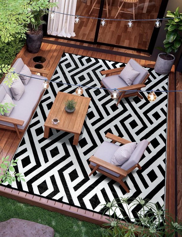 Photo 1 of 9x12 Outdoor Patio Rug with Carry Bag, Waterproof Outdoor Plastic Straw Rug RV Camping Rug, Reversible Picnic Mat Outside Carpet for Backyard, Campsite, Garden, Deck, Black & Light Grey
