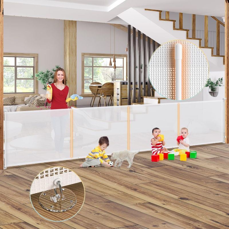 Photo 1 of 180'' Retractable Baby Gates Extra Wide, 42" Extra Tall Retractable Dog Gate for Doorways, Safety Upgrade 15 Foot Extra Long Retractable Baby Gate for Stairs, White Indoor/Outdoor Retractable Gate

