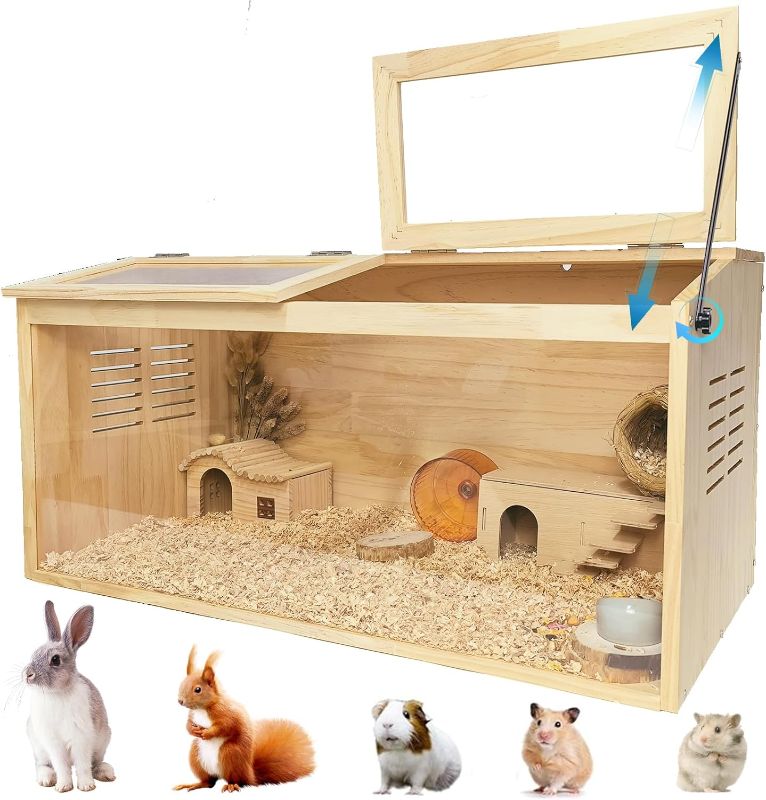 Photo 1 of Wooden Hamster Cage,32" Lx16 Wx16 H,Animal Cabinet for Dwarf Syrian Hamsters Degus, Hamster Habitat with Openable Top and Large Acrylic Sheets, Natural Wooden Hamster Habitat.
