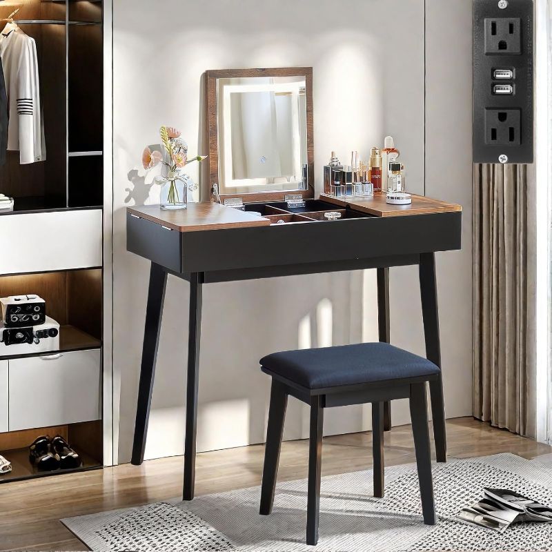 Photo 1 of Vanity Desk, Flip Top Makeup Vanity Table with Power Outlet, Makeup Vanity Desk with Mirror & LED Light, Rustic Vanity Set with Cushioning Stool, Vintage Vanity for Bedroom, Black Brown
