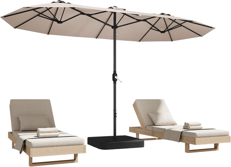 Photo 1 of 15ft Patio Umbrella with Base,Large Outdoor Double-Sided Rectangle Umbrella with Crank Handle, Market Umbrella for Poolside Garden Deck Backyard Beach Pools, Beige
