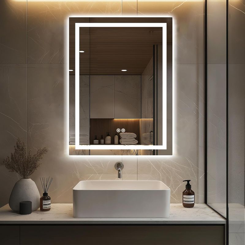 Photo 1 of 24"x32" LED Bathroom Mirror with Dual Backlighting,3-Color Modes, Cool & Natural Light, Anti-Fog Technology, Smart Memory Feature, Perfect for Makeup, Shaving, and Daily Grooming
