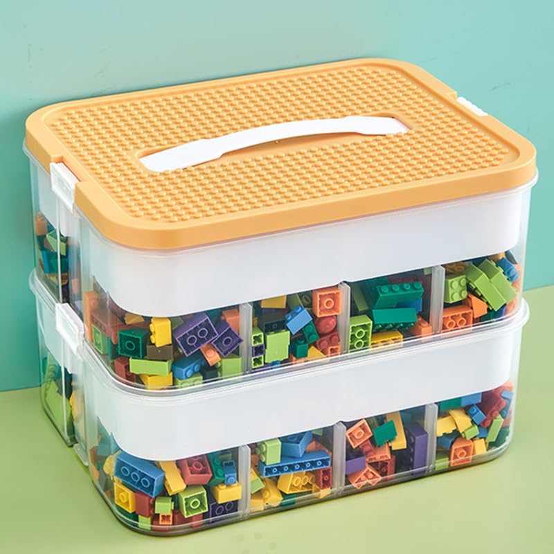Photo 1 of Toys Organizer Storage Case for Lego Box Kids Toy Stackable Building Blocks with Lids Bins Adjustable Lego Storage Containers Plastic Toy Box 2 Layer (Lemon)
