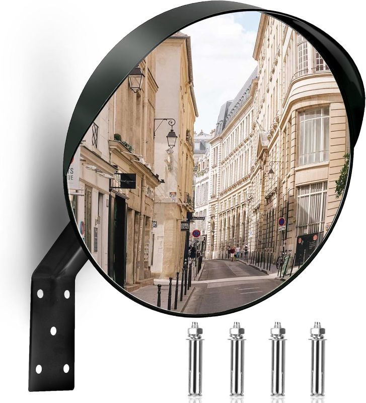 Photo 1 of 16-Inch Convex Security Corner Mirror - Adjustable Fixing Bracket, Wide Angle, Indoor and Outdoor Use - Ideal for Warehouse, Office, Parking Garage, Alleys, Driveways and Traffic Safety(Black?
