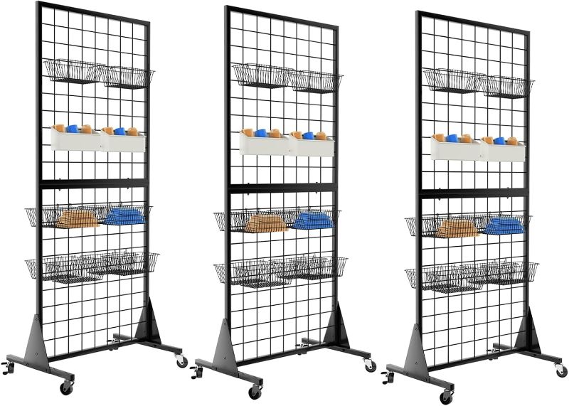 Photo 1 of 3-Pack Gridwall Panel Display Stand, 2'x5.5' Heavy Duty Floor Standing Rack with Detachable Girdwall, Movable Silent Wheel, Easy to Transport, Ideal for Retail & Craft Fairs
