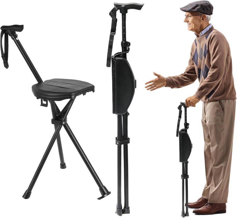 Photo 1 of Portable Walking Stick with Cushion, Adjustable Height Cane with Seat, Portable Cane Stool, Lightweight Aluminum, Capacity 550 Lbs, for Camping, Hiking, Climb, Anti-Slip with Carry Bag
