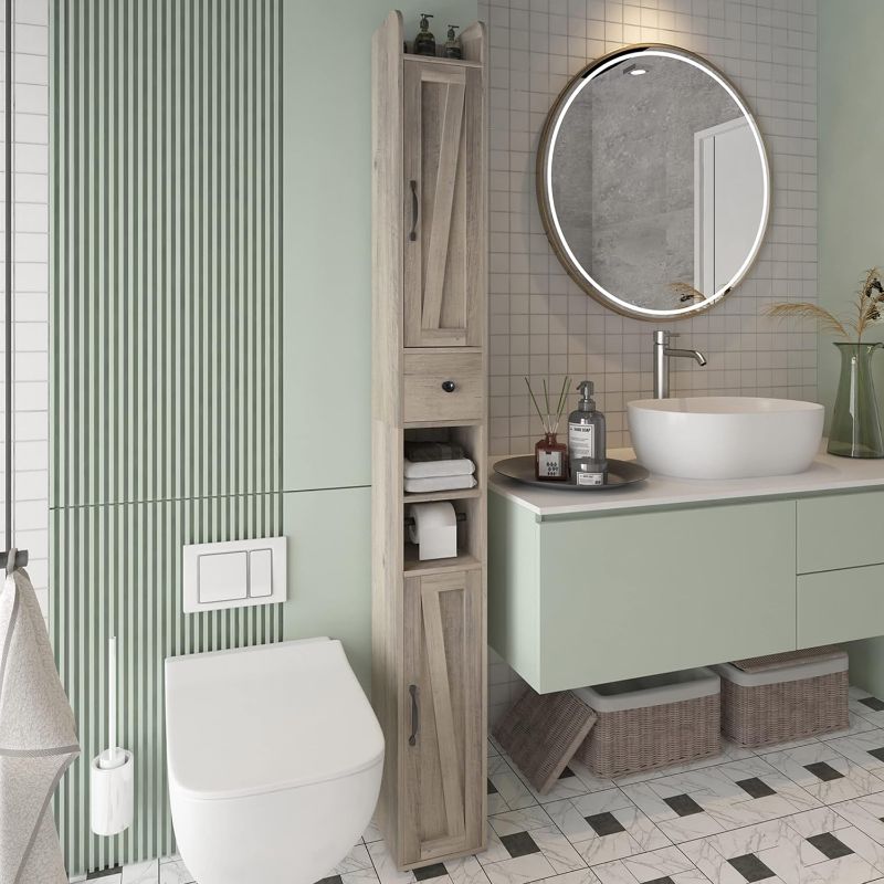 Photo 1 of Bathroom Storage Cabinet with Adjustable Shelf, Tall Narrow Cabinet with Retractable Toilet Paper Rod and 8 Storage Compartments, Brown Gray
