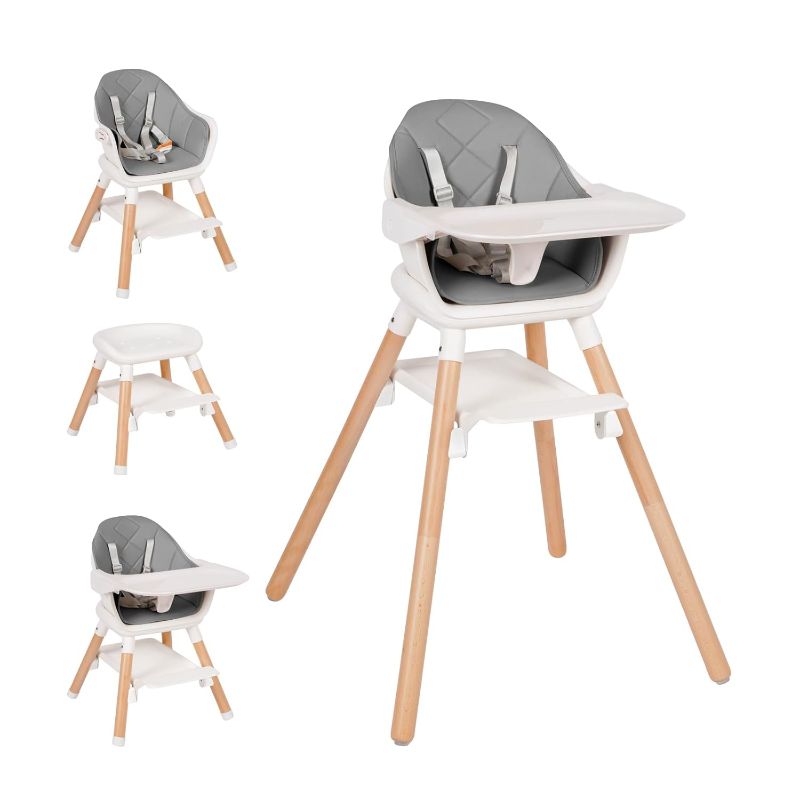 Photo 1 of Baby High Chair, 6 in 1 Wooden Convertible High Chairs for Babies and Toddlers, Booster Seat with Double Tray & Reversible Footrest Baby Highchair, 5-Point Harness Baby Feeding Chair, Grey
