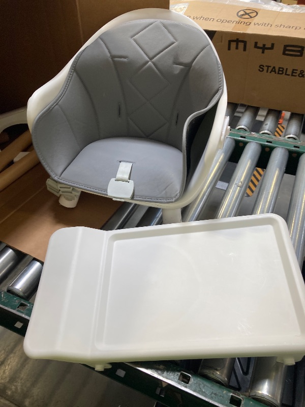 Photo 1 of Baby High Chair, 6 in 1 Wooden Convertible High Chairs for Babies and Toddlers, Booster Seat with Double Tray & Reversible Footrest Baby Highchair, 5-Point Harness Baby Feeding Chair, Grey
