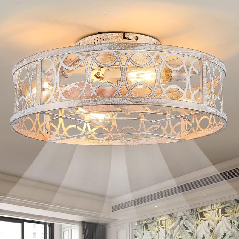 Photo 1 of Ceiling Fans with Lights Flush Mount,20 Inch Caged Modern Small White Fan for Bedroom,Low Profile Ceiling Fan with Remote,6-Speed Reversible Quiet Chandelier Fans (4 Bulb Include)

