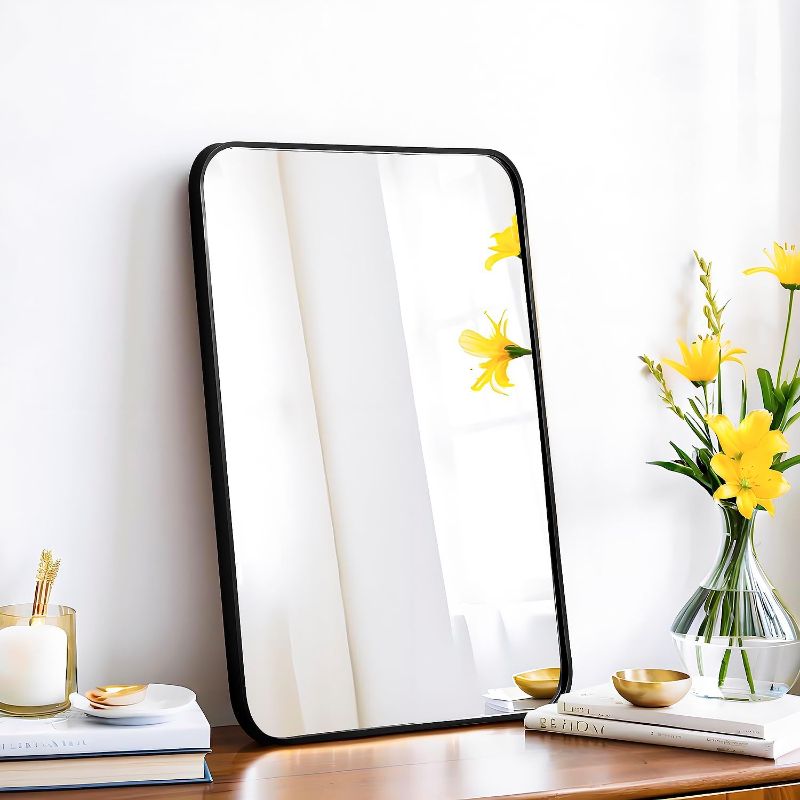 Photo 1 of 16x24 Rectangle Mirror Full Length Wall Mounted Hanging or Against Wall Metal Frame Dressing Make-up Mirrors for Entryway Bedroom Bathroom Living Room 16 24 inch Black
