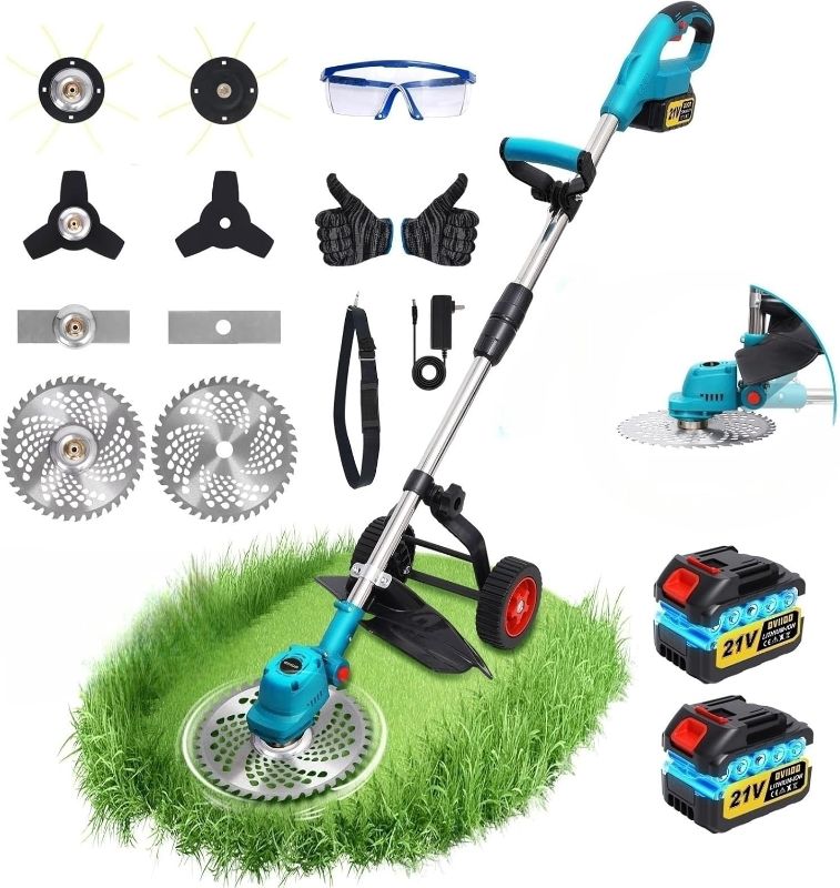 Photo 1 of 20000RPM Electric Weed Wacker with Wheels,Electric Weed Eater Battery Powered,Grass Trimmers Cordless,Cordless String Trimmer with Battery and Charger(Blue)
