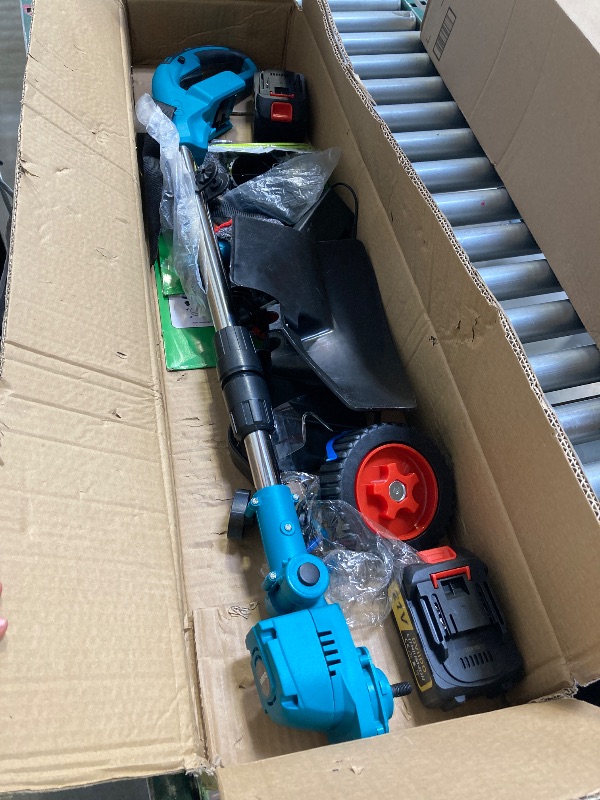 Photo 1 of 20000RPM Electric Weed Wacker with Wheels,Electric Weed Eater Battery Powered,Grass Trimmers Cordless,Cordless String Trimmer with Battery and Charger(Blue)
