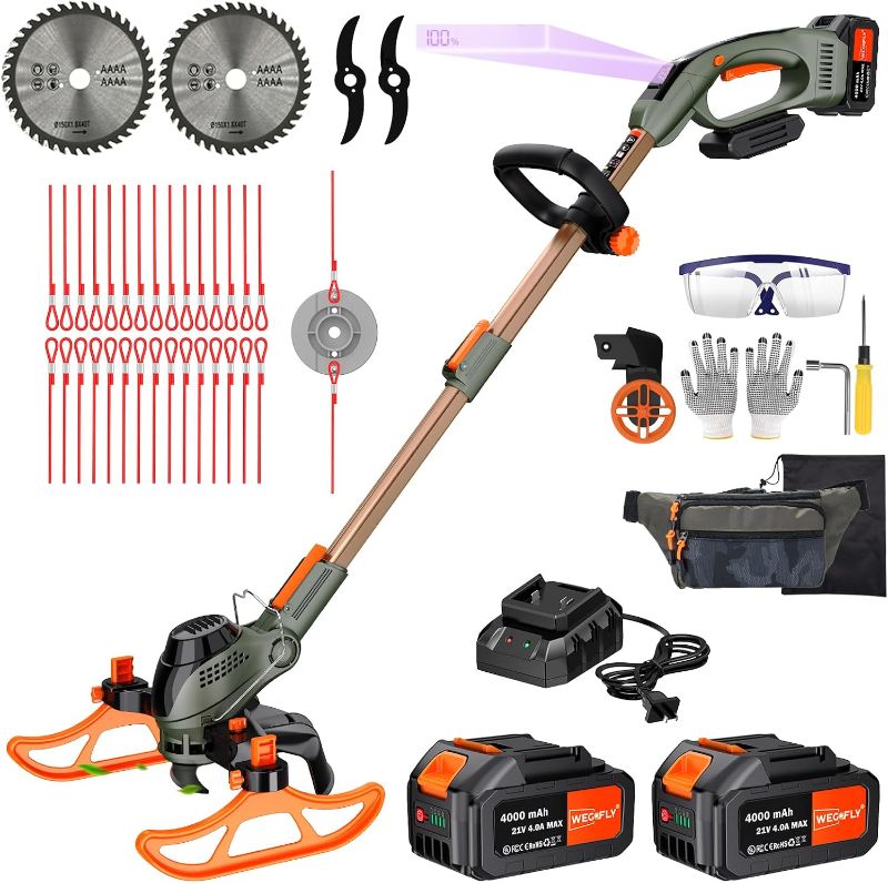 Photo 1 of 12-Inch Cordless String Trimmer & Edger, (2 x 21V 4.0Ah Electric Brush Cutter Battery Powered), with Auxiliary Bracket, Side Ball, 90° Rotary Head, Telescopic Handle, 3 Cutting Methods(WEG21T)
