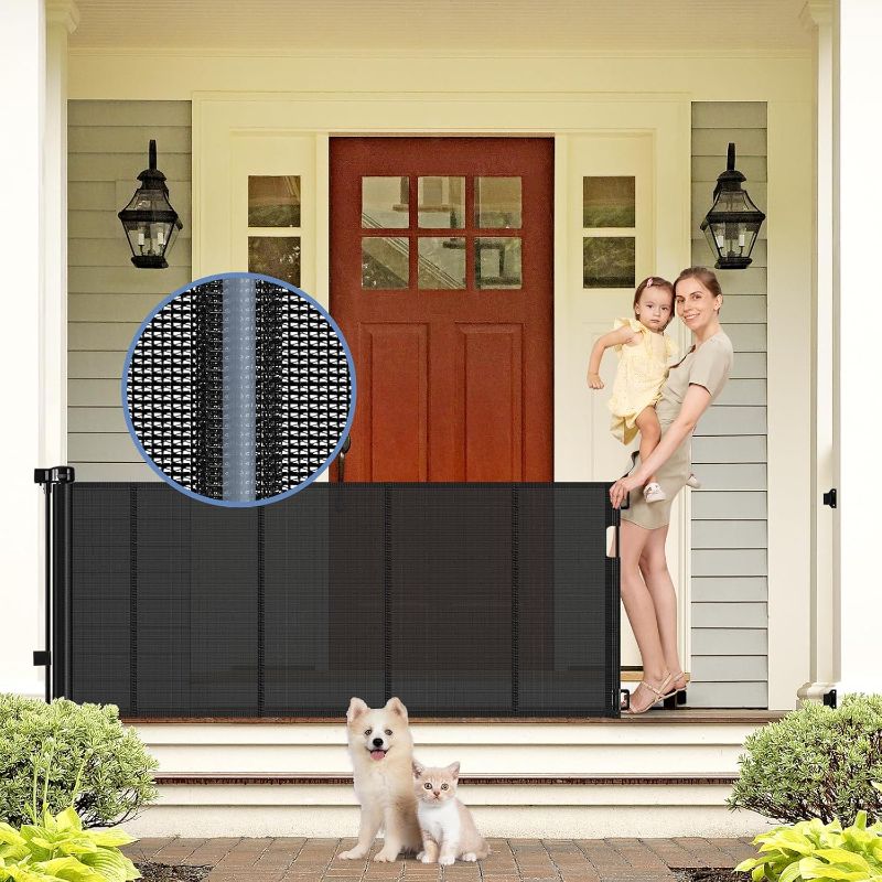 Photo 1 of Reinforced Retractable Baby Gates with Support Beam 60" Wide Retractable Dog Gate Indoor Prevent Children and Dogs from Crawling Under Outdoor Dog Gate for Deck Mesh Gates for Kids or Pets, Black
