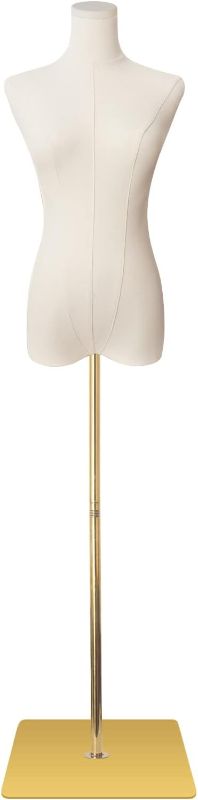 Photo 1 of SHAREWIN Female Mannequin Torso Women Dress Forms for Sewing Manicanequin Body High Stability Gold Metal Stand for Clothing Dress Jewelry Display Adjustable Height 50”-70” Thin Body
