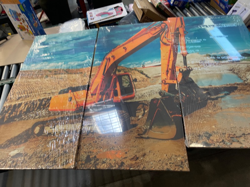 Photo 1 of 3 Panels Heavy Organge Excavator Wall Painting Construction Site Prints for Wall Decor Excavator Pictures Art Prints Giclee Wooden Framed Gallery-Wrapped Ready to Hang (36" Wx24 H)