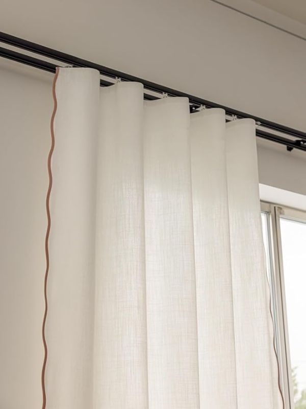 Photo 1 of Linen Blend Scalloped/Wavy Trim, Ripple Fold Curtains for Living Room, Bedroom, Home Office, Kids Room & Dining - Light Filtering Curtains - Set of 2 - Oriental Pink, (50" W x 96" L)
