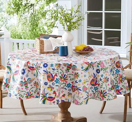 Photo 1 of Newbridge Animal Folk Print Vinyl Tablecloth with Flannel Backing, 70 Inch Round, Mexican Otomi Birds, Hearts, Floral Design, Table Cloth for Parties
