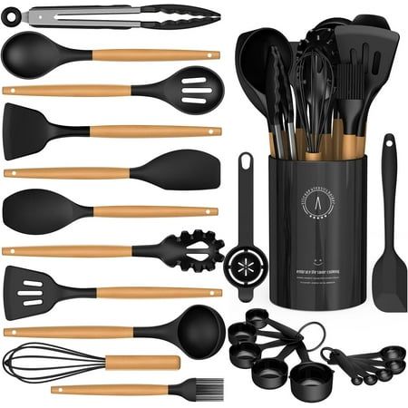 Photo 1 of Silicone Cooking Utensils Set - Silicone Kitchen Utensils for Cooking Wooden Handles 446°F Heat Resistant Kitchen Utensil Spatula Sets W Holder Gad
