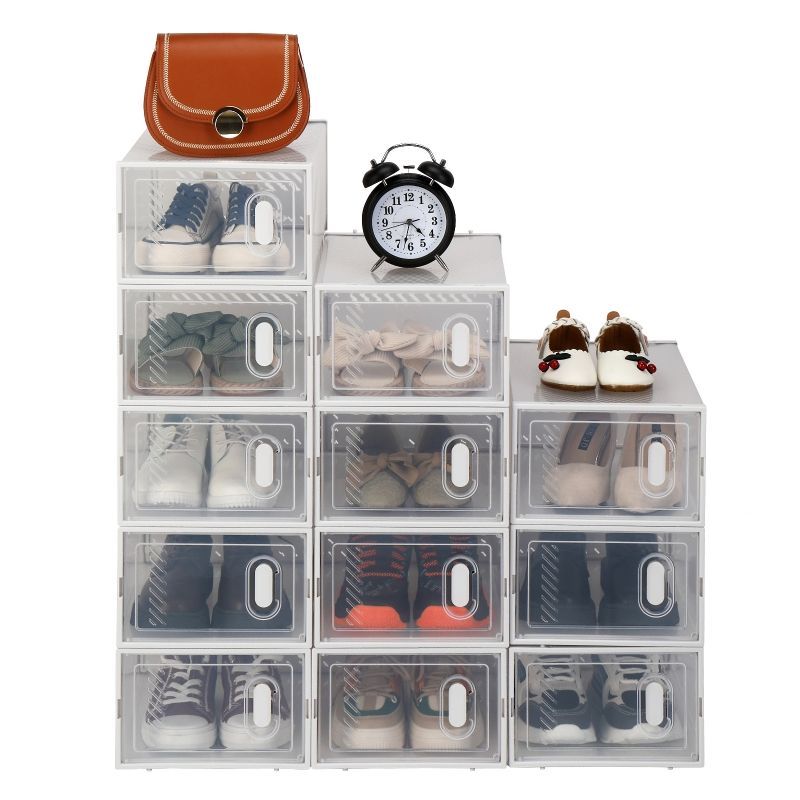 Photo 1 of Ktaxon 12 Pack Shoe Boxes Clear Plastic Stackable Storage Box Closet Organizer Space Saving, Easy to Assemble, White