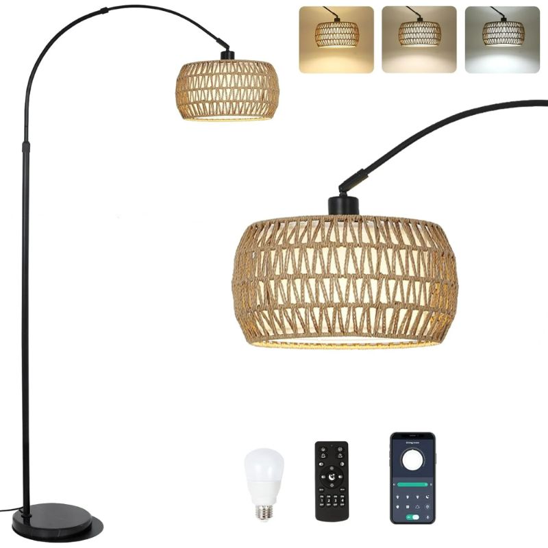 Photo 1 of Arc Floor Lamps for Living Room with 3 Color Temperatures, Black Standing Lamp with Remote & LED Bulb, Rattan Arched Reading Light