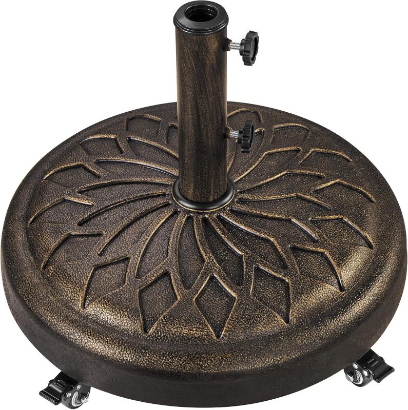 Photo 1 of Yaheetech 45lbs Heavy Duty Round Umbrella Base with 4 Lockable Rolling Wheels & 2 knobs, Outdoor Antiqued Umbrella Stand, 20” Market Patio Umbrella Base for Garden, Yard, Lawn Bronze
