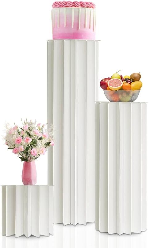 Photo 1 of 3 Pcs Cylinder Stands for Party White Cylinder Pedestal Stand for Display Foldable Cardboard Column Cylinder Table for Parties Baby Shower Birthday Wedding Pillar Display Decoration Diameter 7.87 Inch