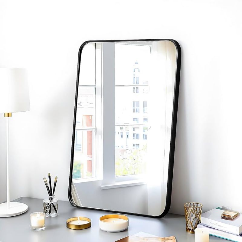 Photo 1 of FINEWF 24x16 Rectangle Mirror Wall Mounted Aluminum Alloy Metal Frame HD Glass Dressing Make-up for Bathroom Entryway Bedroom Living Room 24 16 inch Black