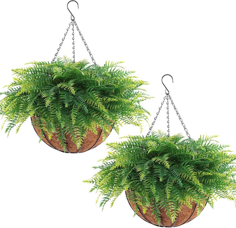 Photo 1 of  2 Set Artificial Hanging Fern Plants Outdoor Fake Hanging Ferns Planter, UV Resistant Faux Fern Plant Baskets for Outdoors Patio Garden Home Decor (Plastic, 2) 