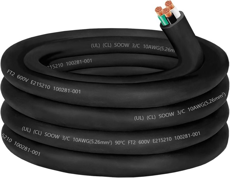 Photo 1 of  15ft 10/3 Wire 10 AWG SOOW Wire 10 Gauge 30 amp SOOW Portable Power Cable 10 Gauge 3 Conductor Electric Cable 600V Extension Cord for Welder,Motor Lead,Battery Charger,RV Generator,Machinery 