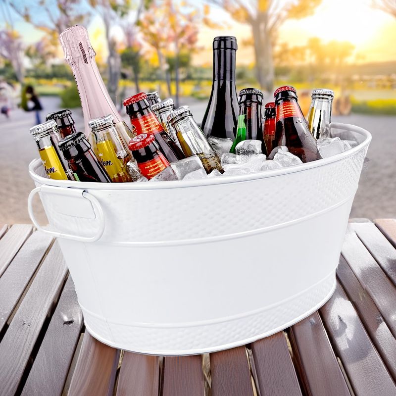 Photo 1 of BREKX White Galvanized Beverage Tub for Parties, Metal Ice and Drink Bucket Beverage Tub, Large Drink Cooler for Parties Large 15-Bottle Wine Basket for Wedding Gift- 25QT (6 Gallon) Oval